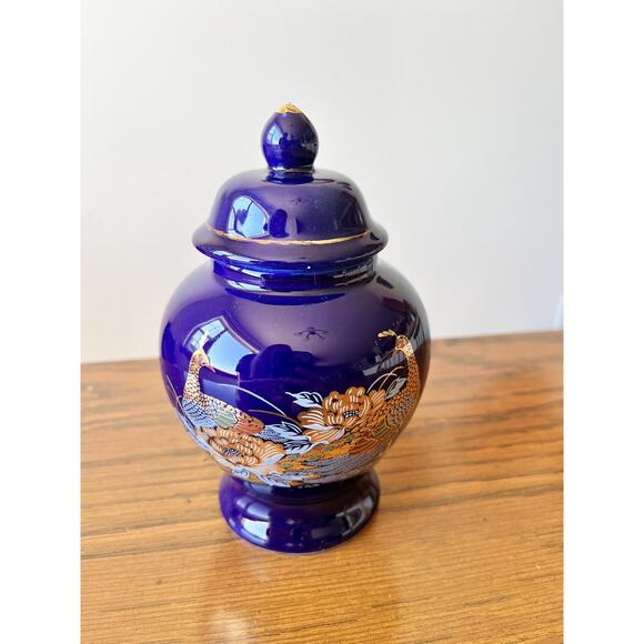 Mini Cobalt Blue Lidded Ginger Jar with Peacock Pattern - Picture 2 of 4